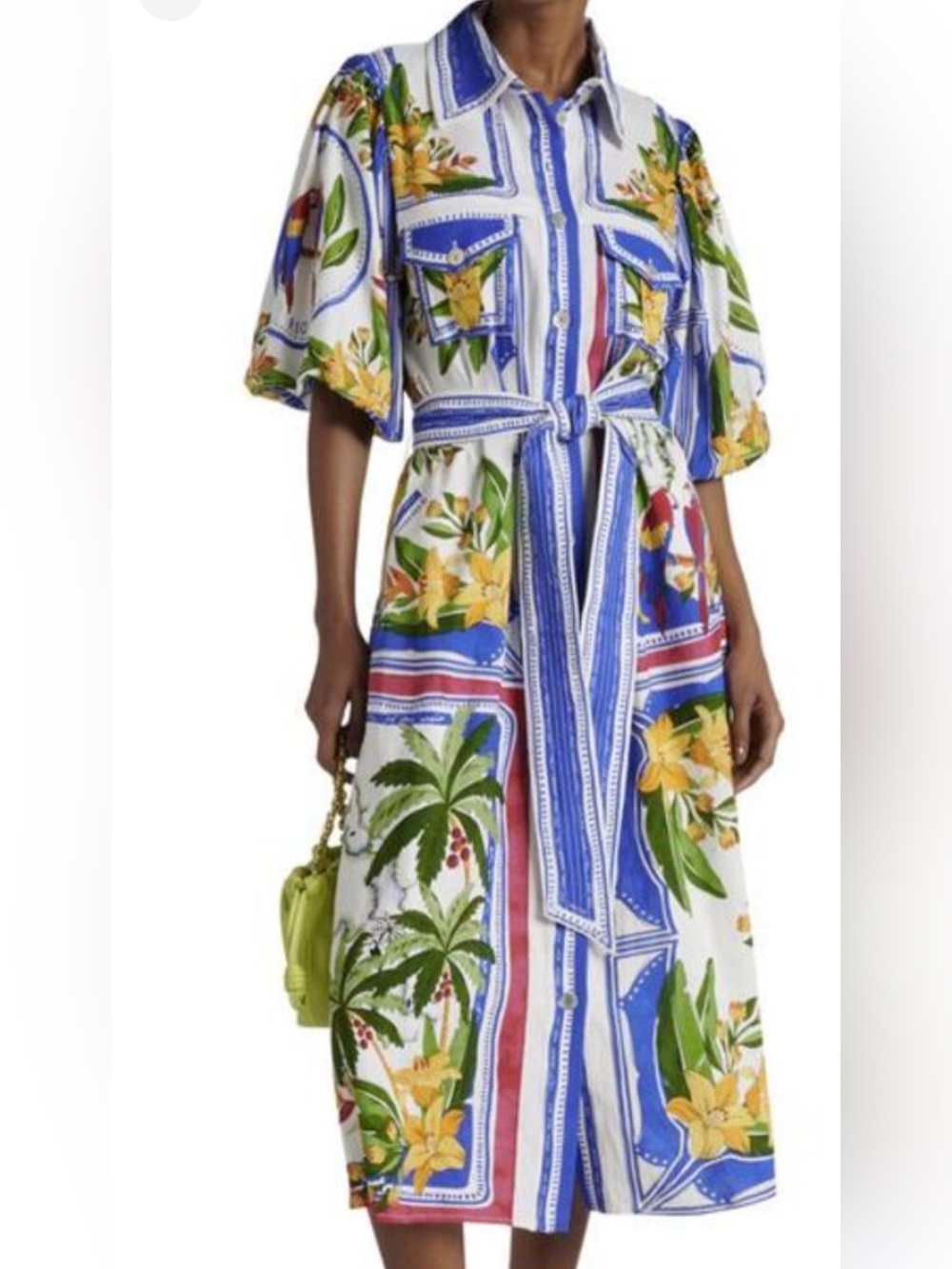 Farm Rio Tropical Floral Belted Shirt Dress Midi ,Resort ,Vacation, Luxury